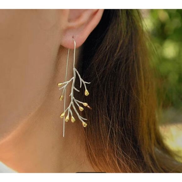Dainty Minimalist Silver & Gold Twig Dangle Earrings - Picture 2 of 5